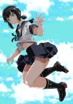  1girl absurdres black_eyes black_hair black_sailor_collar black_skirt blue_sky cloud commentary_request fubuki_(kancolle) haida_katsuretsu highres kantai_collection low_ponytail medium_hair pleated_skirt ponytail sailor_collar school_uniform serafuku short_ponytail sidelocks skirt sky solo 