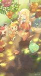  1girl alice_(pokemon) azumarill blonde_hair cherrim cherrim_(sunshine) chimchar closed_eyes combee commentary_request day dress eyelashes grass hands_up highres holding holding_leaf kricketot leaf long_sleeves mei_(maysroom) orange_dress orange_footwear outdoors pants pokemon pokemon:_the_rise_of_darkrai pokemon_(anime) pokemon_(creature) pokemon_dppt_(anime) shinx shoes sitting swing 