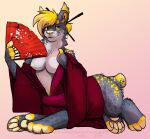  2014 areola artist_name asian_clothing blonde_hair breasts clothing dated digital_media_(artwork) felid felid_taur feline feline_taur female hair hand_fan mammal mammal_taur nipples pawpads paws redfeatherstorm shaded sitting solo taur yellow_eyes yellow_nose 