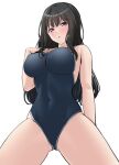  1girl absurdres arm_at_side ass_visible_through_thighs bang_dream! bangs bare_arms bare_shoulders black_hair blue_one-piece_swimsuit blush breasts commentary competition_school_swimsuit covered_navel cowboy_shot from_below groin hand_on_own_chest hand_up highres large_breasts long_hair looking_at_viewer parted_lips ptal purple_eyes raised_eyebrows school_swimsuit shirokane_rinko sidelocks simple_background solo standing swimsuit white_background 
