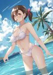  1girl bikini blue_sky breasts brown_eyes brown_hair cleavage cloud contrail cowboy_shot day dutch_angle food frilled_bikini frills highres large_breasts long_hair miya_star_saa mouth_hold original outdoors palm_tree pocky ponytail sky soaking_feet solo swimsuit tree water white_bikini 