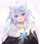  1girl :d ahoge animal_ears bell black_jacket blue_bow blue_choker blue_eyes blue_hair blush bow cat_ears cat_girl cat_tail choker colart606 collared_shirt commentary_request diagonal-striped_bow grey_background hand_up heart highres indie_virtual_youtuber jacket jingle_bell kagura_nana long_hair long_sleeves looking_at_viewer multicolored_hair neck_bell off_shoulder pink_hair shirt sleeveless sleeveless_shirt smile solo sumisaki_yuzuna tail two-tone_hair two_side_up upper_body very_long_hair virtual_youtuber white_shirt wide_sleeves wrist_cuffs 