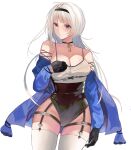 1111_one 1girl alternate_costume azur_lane bangs bare_shoulders black_choker black_gloves black_hairband black_leotard blue_eyes blue_jacket blush breasts choker cleavage closed_mouth collarbone feet_out_of_frame garter_belt garter_straps gloves hairband harness highres jacket jacket_pull leotard long_hair looking_at_viewer mainz_(azur_lane) medium_breasts open_clothes open_jacket race_queen shirt solo standing thighhighs thighs white_background white_hair white_shirt white_thighhighs 
