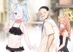  1boy 2girls arona_(blue_archive) bangs bare_shoulders bikini black_bikini blue_archive blue_eyes blue_hair blurry blurry_background bow_hairband colored_inner_hair distracted_boyfriend_(meme) djheycha frilled_bikini frills hair_over_one_eye hairband halo halterneck light_blue_hair long_hair looking_at_another mari_(blue_archive) mari_(swimsuit)_(blue_archive) meme multicolored_hair multiple_girls navel one-piece_swimsuit orange_hair revision ribbon sensei_(blue_archive) short_hair sweat sweating_profusely swimsuit white_hairband white_ribbon 