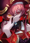  1girl absurdres ascot bangs black_headwear closed_mouth eyepatch eyepatch_pull finger_to_mouth hair_between_eyes hair_ribbon hand_up hat heterochromia highres hololive houshou_marine long_hair long_sleeves looking_at_viewer open_mouth pirate_hat red_ascot red_background red_eyes red_hair red_ribbon ribbon roitz_(_roitz_) solo twintails upper_body virtual_youtuber yellow_eyes 