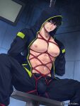  1boy abs bangs bara bdsm belt black_belt black_hair black_jacket black_pants bondage bound bound_arms bound_legs bulge clenched_teeth crotch_rope highres hood hood_down hooded_jacket jacket large_pectorals male_focus muscular muscular_male navel nipples open_clothes open_jacket original pants pectorals red_rope restrained rope shibari short_hair sitting solo teeth torakichi_(ebitendon) twitter_username 