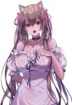  1girl animal_ears annie_(destiny_child) arm_behind_back bare_shoulders bell breasts cleavage collarbone destiny_child hair_between_eyes hair_ribbon large_breasts long_hair looking_at_viewer neck_bell nmnmo0326 open_mouth ribbon twintails wet wet_clothes 