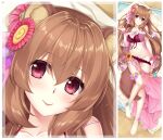  1girl animal_ears anklet bag bare_legs barefoot bikini bikini_pull breasts brown_hair cleavage closed_mouth clothes_pull collarbone dakimakura_(medium) flower from_above groin hair_between_eyes jewelry long_hair looking_at_viewer lying medium_breasts on_back pulled_by_self raccoon_ears raccoon_girl raccoon_tail raphtalia red_bikini red_eyes sarong sash shiny shiny_hair smile solo split_screen summer-d_(dodojune) sunflower swimsuit tail tate_no_yuusha_no_nariagari thigh_gap thigh_strap very_long_hair wrist_cuffs yellow_flower 