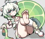  1girl ahoge animal_ear_fluff animal_ears ass asymmetrical_legwear average-hanzo barefoot blush braid closed_mouth doyagao fangs feet ferret ferret_girl food food-themed_necklace foot_focus fruit green_eyes green_hair green_thighhighs holding holding_clothes holding_legwear jacket jewelry laimu_(vtuber) leg_up legwear_removed lime_(fruit) lime_slice long_sleeves looking_at_viewer mismatched_legwear multicolored_hair nail_polish namesake necklace shoes short_hair single_shoe sitting slit_pupils smile smug soles solo tail thighhigh_removed thighhighs toenail_polish toenails toes two-tone_hair vinesauce virtual_youtuber white_hair white_jacket white_thighhighs 