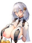  1girl areola_slip azur_lane bangs bird blush braid breast_curtains breast_hold breasts chick cleavage flower gloves hair_flower hair_ornament highres huge_breasts large_areolae looking_at_viewer manjuu_(azur_lane) nipple_slip nipples official_alternate_costume open_mouth red_eyes ribbon_between_breasts short_hair side_braid sideboob sirius_(azur_lane) sirius_(azure_horizons)_(azur_lane) solo_focus tongue tongue_out white_gloves white_hair yusha_m 