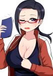  1girl absurdres black_hair blush breasts cleavage demi-chan_wa_kataritai highres huge_breasts in_heat looking_at_viewer motion_lines notebook one_eye_closed open_mouth red-framed_eyewear satou_sakie sportswear sweat the_only_shoe upper_body white_background 