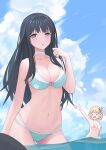  2girls absurdres ass_visible_through_thighs bangs bare_shoulders bikini black_hair blue_bikini blue_sky bow breasts choker closed_eyes cloud cloudy_sky collarbone commentary day egert hair_ribbon hand_up highres inoue_takina large_breasts long_hair looking_at_viewer lycoris_recoil micro_bikini multiple_girls navel nishikigi_chisato open_mouth outdoors parted_lips pink_bikini pink_bow purple_eyes red_ribbon ribbon sky string_bikini swimsuit thighs underboob wading water 