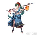  1girl absurdres bandages bandeau bangs blue_shirt blue_skirt breasts chest_sarashi cleavage cuboon fire_emblem fire_emblem:_the_blazing_blade fire_emblem_heroes full_body green_eyes green_hair hands_up highres holding holding_polearm holding_weapon lantern large_breasts long_hair looking_at_viewer lyn_(fire_emblem) mask mask_on_head midriff navel official_alternate_costume official_art paper_lantern polearm ponytail rope_belt sarashi shirt short_sleeves side_slit simple_background single-shoulder_shirt single_bare_shoulder single_sleeve skirt skirt_set smile solo spear standing stomach strapless tube_top very_long_hair weapon white_background 