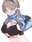  1girl :q animal_ears bangs blue_archive blue_sweater blush bra breasts brown_hair clothes_pull fake_animal_ears glasses hair_ornament halo highres lingerie long_hair looking_at_viewer moe_(blue_archive) navel round_eyewear solo steam sweat sweater sweater_pull tongue tongue_out tsumayouji_(tumayog) twintails underwear untying white_background yellow_eyes 