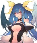  1girl angel_wings asymmetrical_wings bangs bare_shoulders belt black_choker blue_hair blush breasts center_opening choker closed_mouth collarbone detached_sleeves dizzy_(guilty_gear) eyelashes guilty_gear guilty_gear_x guilty_gear_xx hair_between_eyes hair_ribbon hair_rings highres large_breasts long_hair looking_at_viewer midriff navel open_mouth oro_(sumakaita) red_eyes ribbon sidelocks simple_background sketch smile solo stomach twintails underboob upper_body white_background wings yellow_ribbon 
