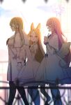  3girls ^_^ absurdres animal_ears bangs blonde_hair blue_archive blurry blurry_background blurry_foreground breasts capelet closed_eyes detached_sleeves dress feet_out_of_frame fox_ears halo highres index_finger_raised long_hair long_sleeves looking_at_viewer matsushika medium_breasts mika_(blue_archive) multiple_girls nagisa_(blue_archive) open_mouth pink_hair profile scrunchie seia_(blue_archive) sidelocks sleeves_past_fingers sleeves_past_wrists walking white_dress wings wrist_scrunchie 