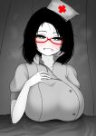  1girl absurdres aiuno_(the_only_shoe) bangs bed_sheet blush breast_rest breasts curtains greyscale hand_on_own_chest hat highres huge_breasts monochrome naughty_face nurse nurse_cap original red-framed_eyewear steaming_body sweat the_only_shoe upper_body 