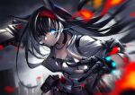 1girl animal_ears arknights belt belt_pouch black_hair blaze_(arknights) blue_eyes breasts cat_ears chainsaw city cleavage earpiece eye_trail fire gloves grey_sky hairband highres holding holding_chainsaw light_trail long_hair noro_assumed partially_fingerless_gloves pouch smile 