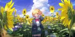  1girl absurdres bangs blonde_hair blue_jacket blue_sky bow bowtie cloud collared_shirt day field flower flower_field gradient_hair green_eyes green_skirt hair_flower hair_ornament highres honma_himawari jacket long_sleeves looking_at_viewer multicolored_hair nijisanji open_clothes open_jacket parted_lips plaid plaid_skirt purple_hair red_bow red_bowtie roitz_(_roitz_) shirt short_hair skirt sky solo standing sunflower virtual_youtuber white_shirt yellow_flower 