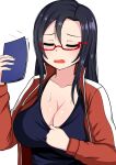  1girl absurdres alternate_hairstyle black_hair blush breasts cleavage closed_eyes demi-chan_wa_kataritai highres huge_breasts in_heat long_hair motion_lines notebook open_mouth red-framed_eyewear satou_sakie sportswear sweat the_only_shoe upper_body white_background 