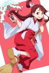  1girl broom brown_hair floating_hair full_body hair_ribbon hakama holding holding_broom japanese_clothes kagari_atsuko kimono little_witch_academia long_hair long_sleeves looking_at_viewer miko open_mouth red_eyes red_hakama ribbon socks solo tabi uganda_(ugandam_00) very_long_hair white_kimono white_ribbon white_socks wide_sleeves 