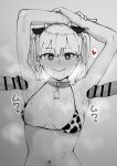  1girl :q absurdres animal_ears animal_print armpit_sex arms_up bangs bar_censor bell blush breasts censored collar cow_ears cow_horns cow_print erection greyscale heart heart-shaped_pupils hetero highres horns monochrome navel neck_bell nipple_slip nipples original penis smile solo stray_pubic_hair sweat symbol-shaped_pupils tantanmen72 tongue tongue_out twintails 