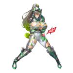  1girl arm_guards armor ass_visible_through_thighs bangs bodysuit boots breast_hold breasts broken_armor broken_helmet broken_wires bursting_breasts cameltoe clenched_teeth clover clover_ace covered_navel defeat english_text fang full_body game_cg gloves green_gloves green_hair grey_bodysuit grey_hair groin_tendon hair_between_eyes high_heel_boots high_heels highres holding_own_arm huge_breasts large_breasts last_origin legs_apart long_hair looking_at_viewer metal_boots monitor multicolored_hair obui official_art open_mouth orange_eyes ponytail shoulder_armor sign simple_background skindentation solo streaked_hair teeth torn_bodysuit torn_boots torn_clothes transparent_background two-tone_hair warning_sign white_bodysuit wire 