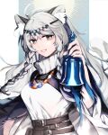  1girl :d animal_ear_fluff animal_ears arknights bell belt belt_buckle braid breasts bright_pupils brown_eyes buckle circlet dress grey_hair grin highres holding holding_bell jewelry large_breasts leopard_ears leopard_girl leopard_tail long_hair long_sleeves looking_at_viewer necklace parted_lips pramanix_(arknights) smile solo sun tail turtleneck_dress twin_braids upper_body white_dress wide_sleeves yoshiga 