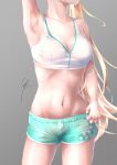  1girl absurdres arm_up armpits blonde_hair breasts grey_background groin head_out_of_frame highres long_hair medium_breasts midriff navel nijisanji nijisanji_en pomu_rainpuff short_shorts shorts signature sports_bra sweat syxh thumb_in_beltline very_long_hair virtual_youtuber 