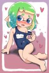  1girl bare_arms bare_legs bare_shoulders barefoot blue_eyes blue_hair blue_one-piece_swimsuit clothes_pull covered_navel fangs flat_chest full_body furrowed_brow gradient_hair green_hair heart highres inkling inkling_girl looking_to_the_side multicolored_hair name_tag old_school_swimsuit open_mouth pointy_ears pulled_by_self school_swimsuit short_hair sitting solo splatoon_(series) suction_cups sweat swimsuit swimsuit_pull tentacle_hair two-tone_hair yokozuwari yugmlecpdduukox 