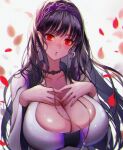  1girl anemone_(destiny_child) black_hair breasts collarbone competition_swimsuit destiny_child earrings hands_on_own_chest headband highres jewelry large_breasts long_hair looking_at_viewer nmnmo0326 one-piece_swimsuit parted_lips petals red_eyes solo swimsuit whistle 