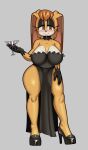  2022 alcoholic_drink anthro big_breasts blush breasts brown_eyes brown_hair clothed clothing dress eyeshadow female fiinel footwear hair hi_res high_heels huge_breasts lagomorph leporid makeup mammal mature_anthro mature_female rabbit sega simple_background smile solo sonic_the_hedgehog_(series) thick_thighs vanilla_the_rabbit 