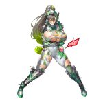  1girl areola_slip arm_guards armor ass_visible_through_thighs bangs bodysuit boots breast_hold breasts broken_armor broken_helmet broken_wires bursting_breasts cameltoe clenched_teeth clover clover_ace covered_navel defeat english_text fang full_body game_cg gloves green_gloves green_hair grey_bodysuit grey_hair groin_tendon hair_between_eyes high_heel_boots high_heels highres holding_own_arm huge_breasts large_areolae large_breasts last_origin legs_apart long_hair looking_at_viewer metal_boots monitor multicolored_hair nipple_slip nipples obui official_art open_mouth orange_eyes ponytail shoulder_armor sign simple_background skindentation solo streaked_hair teeth torn_bodysuit torn_boots torn_clothes transparent_background two-tone_hair warning_sign white_bodysuit wire 