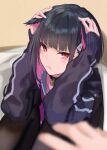  1girl absurdres animal_ears bangs black_hair black_hoodie black_pantyhose blue_archive blush cat_ears closed_mouth collarbone colored_inner_hair covering_ears ears_down frown highres hood hoodie kazusa_(blue_archive) kuro_shiraga long_sleeves looking_at_viewer multicolored_hair pantyhose pov pov_hands red_shorts short_hair shorts sleeves_past_wrists solo 