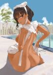  1girl :d apron ass back barefoot black_eyes black_hair blue_sky blush breasts cloud dark-skinned_female dark_skin day frills highres looking_at_viewer maid maid_apron naked_apron original outdoors pool poolside sitting sky smile solo throtem wet 