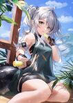  1girl absurdres ahoge arknights bangs black_dress blue_sky cloud commentary day dress golem_(he_ji_gao) grey_hair highres long_hair looking_at_viewer official_alternate_costume outdoors parted_lips short_dress sky solo swept_bangs tomimi_(arknights) two_side_up yellow_eyes 