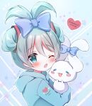  1girl aqua_eyes aqua_hair blue_bow blue_hoodie blush bow cinnamiku cinnamoroll commentary_request english_text hair_bow hanasakichu hatsune_miku heart highres hood hood_down hoodie one_eye_closed open_mouth sanrio signature star_(symbol) vocaloid 