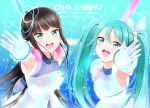  2girls banzai!_digital_trippers black_hair character_name costume crossover green_eyes green_hair group_name hatsune_miku hime_cut kurosawa_dia kurose_yuuki love_live! love_live!_sunshine!! multiple_girls open_mouth outstretched_hand song_name twintails vocaloid 