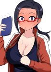  0_0 1girl absurdres black_hair blush breasts cleavage demi-chan_wa_kataritai embarrassed full-face_blush highres huge_breasts in_heat motion_lines notebook purple_eyes red-framed_eyewear satou_sakie sportswear sweat the_only_shoe upper_body white_background 