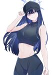  1girl absurdres bangs bare_arms bare_shoulders baseball_cap black_headwear black_pants black_shirt blue_archive blue_eyes blue_hair breasts commentary cowboy_shot crop_top hand_up hat head_tilt highres large_breasts leggings long_hair looking_at_viewer midriff navel pants saori_(blue_archive) shirt simple_background sleeveless sleeveless_shirt smile solo standing stomach very_long_hair white_background yokoshima_michihiro 