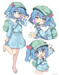  1girl backpack bag bangs bare_legs barefoot blue_eyes blue_hair blue_jacket blue_shirt blue_skirt cabbie_hat closed_mouth collared_jacket cucumber flat_cap full_body green_bag green_headwear hair_bobbles hair_ornament hat highres holding holding_wrench jacket jewelry kawashiro_nitori key key_necklace long_sleeves looking_at_viewer medium_hair multiple_girls multiple_views necklace open_mouth ramudia_(lamyun) shirt short_twintails simple_background skirt skirt_set smile standing standing_on_one_leg touhou twintails two_side_up white_background wrench 