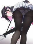  1girl alternate_weapon animal_ears ass bent_over black_hair black_pantyhose blue_archive colored_inner_hair ears_down extra_ears feet_out_of_frame from_behind grey_panties highres kazusa_(blue_archive) long_sleeves looking_at_viewer looking_back menbou_(menbow3v) miniskirt multicolored_hair panties panties_under_pantyhose pantyhose parted_lips pink_hair pleated_skirt red_eyes short_hair simple_background skirt sleeves_past_wrists solo standing thighband_pantyhose two-tone_hair underwear weapon white_background white_skirt 