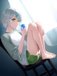  1girl absurdres bangs barefoot can chair curtains dolphin_shorts feet feet_on_chair full_body green_eyes green_shorts grey_hair grey_shirt hair_ornament hairclip highres hinomori_shiho holding holding_can indoors long_sleeves looking_at_viewer pocari_sweat project_sekai shirt short_hair shorts sidelocks sitting sjuno solo toes 
