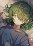  androgynous green_eyes green_hair grey_shirt hair_between_eyes highres looking_at_viewer lying mogmogyasai on_back original shirt solo upper_body 