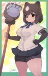  1girl absurdres animal_ears bear_ears bear_girl bear_paw_hammer bear_tail bike_shorts_under_skirt black_shorts blue_bow blue_bowtie blue_skirt blush bow bowtie brown_bear_(kemono_friends) brown_eyes brown_gloves brown_hair collared_shirt commentary_request elbow_gloves fingerless_gloves gloves highres kemono_friends multicolored_hair pleated_skirt ryuusui_arumo shirt short_hair short_sleeves shorts skirt solo tail two-tone_hair white_hair white_shirt 