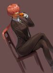  1girl burger crossed_legs dan_koflove eating food formal gloves hair_over_eyes highres long_hair low_twintails necktie open_mouth ponytail red_hair shermie_(kof) sitting solo suit suit_jacket the_king_of_fighters twintails 