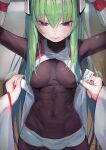  1girl arms_up bodysuit covered_navel covered_nipples cowboy_shot green_hair hair_between_eyes headgear highres impossible_bodysuit impossible_clothes long_hair menou_kaname original pov purple_eyes short_shorts shorts skin_tight taishi_(picchiridou) unfastened white_shorts 