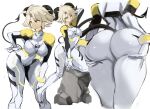  1girl arm_up ass ass_support blonde_hair breasts curled_horns demon_tail forehead from_behind full_body goat_girl goat_horns hand_on_hip hand_on_own_knee highres horns large_breasts leaning_forward looking_to_the_side multiple_views open_mouth original plugsuit pointy_ears rakeemspoon simple_background solo susan_(rakeemspoon) tail thighs white_background yellow_eyes 