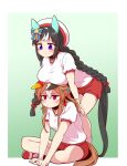  2girls alternate_costume animal_ears annoyed bent_over beret black_hair breast_rest breasts closed_mouth copano_rickey_(umamusume) hair_between_eyes hat highres hokko_tarumae_(umamusume) horse_ears horse_tail long_hair medium_breasts multiple_girls purple_eyes red_eyes shorts simple_background sitting smug tail umamusume yonedatomo_mizu 