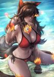  1girl absurdres animal_ears bare_arms bikini black_hair blush body_fur breasts cleavage colored_skin dog_ears dog_girl dog_tail fire grey_skin hair_over_one_eye hellhound_(monster_girl_encyclopedia) highres large_breasts long_hair looking_at_viewer monster_girl monster_girl_encyclopedia navel red_bikini sitting skull solo swimsuit tail tongue tongue_out wariza water zee_n3 